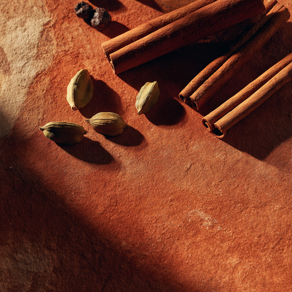 Épices telles que cardamome et cannelle évoquant le profil épicé et raffiné du café AMBER